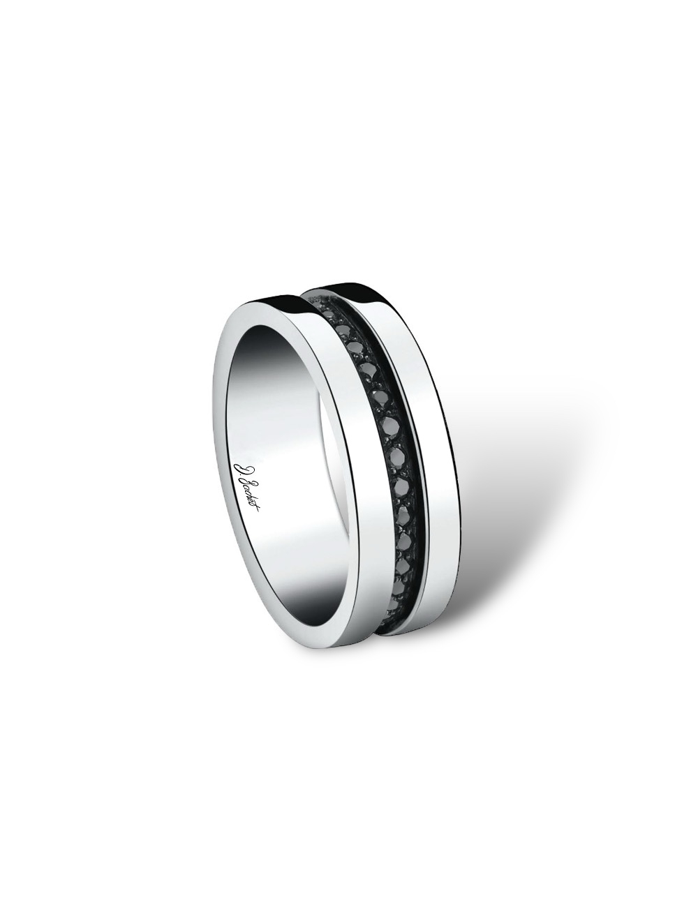 Alliance homme 7 mm en platine avec diamants noirs, design contemporain masculin, confortable, aussi avec diamants blancs.