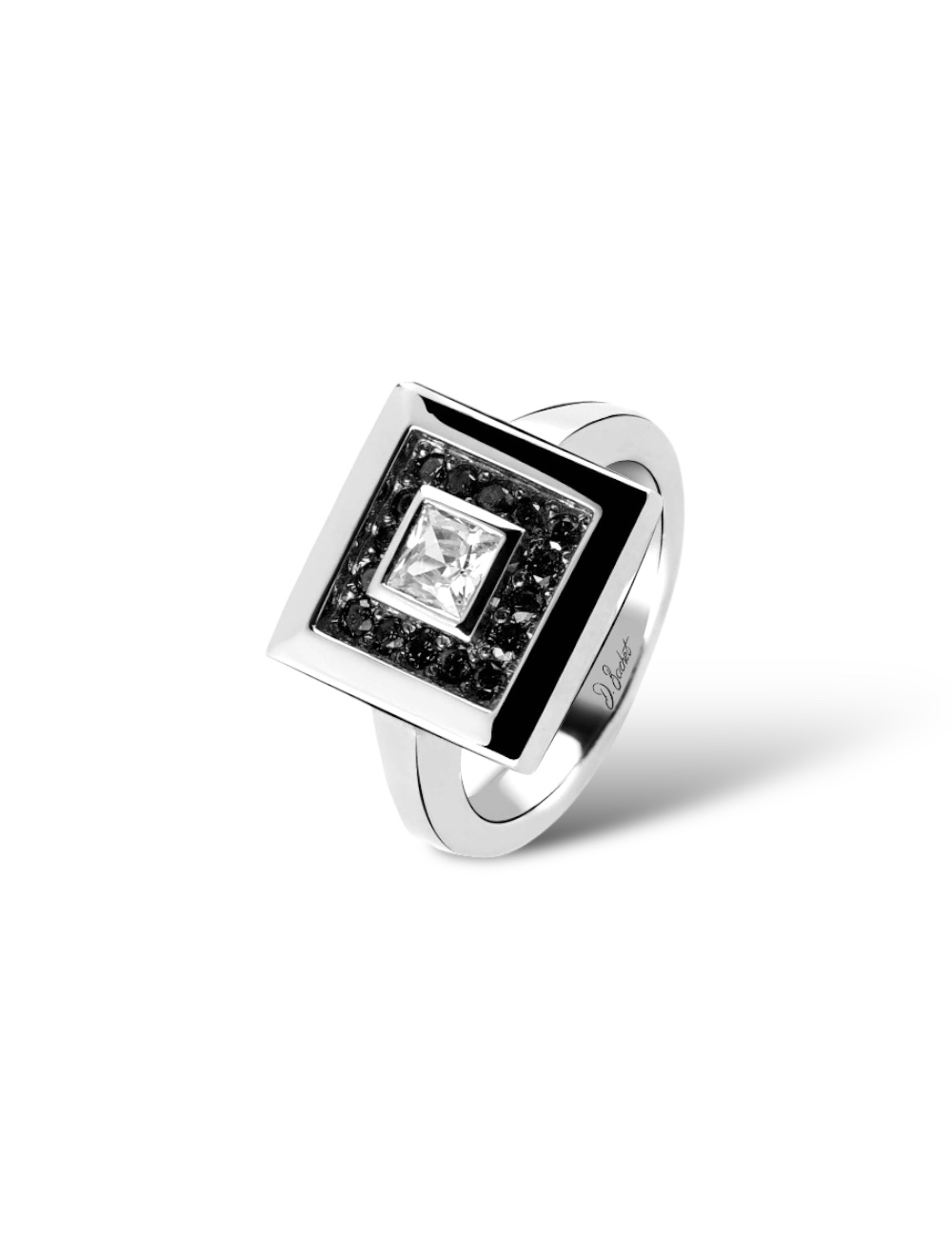 Bague Select : diamant taille princesse 0,20 ct, halo diamants noirs, moderne et audacieuse, fabriquée en France.