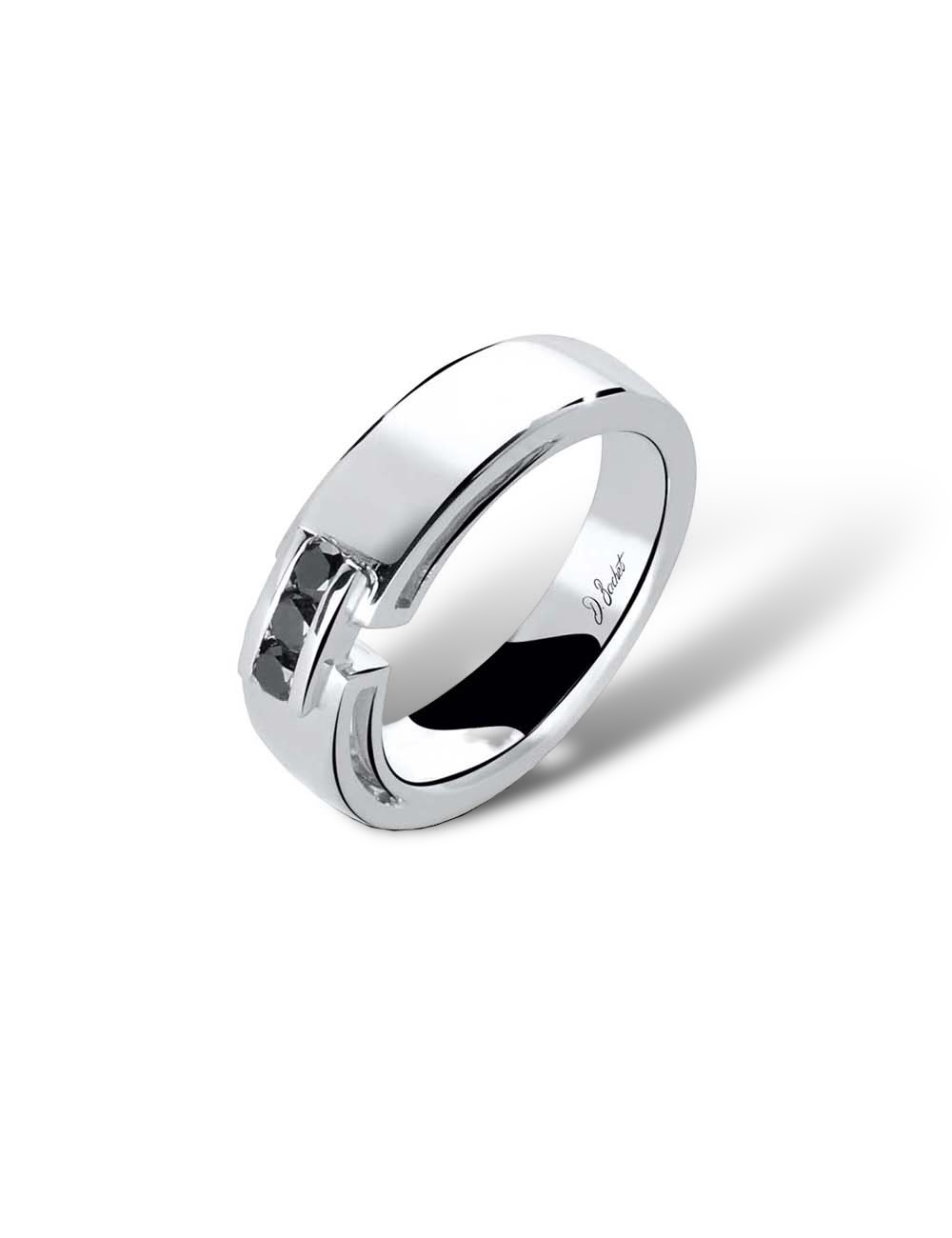 Contemporary platinum men's ring set with three black diamonds.
