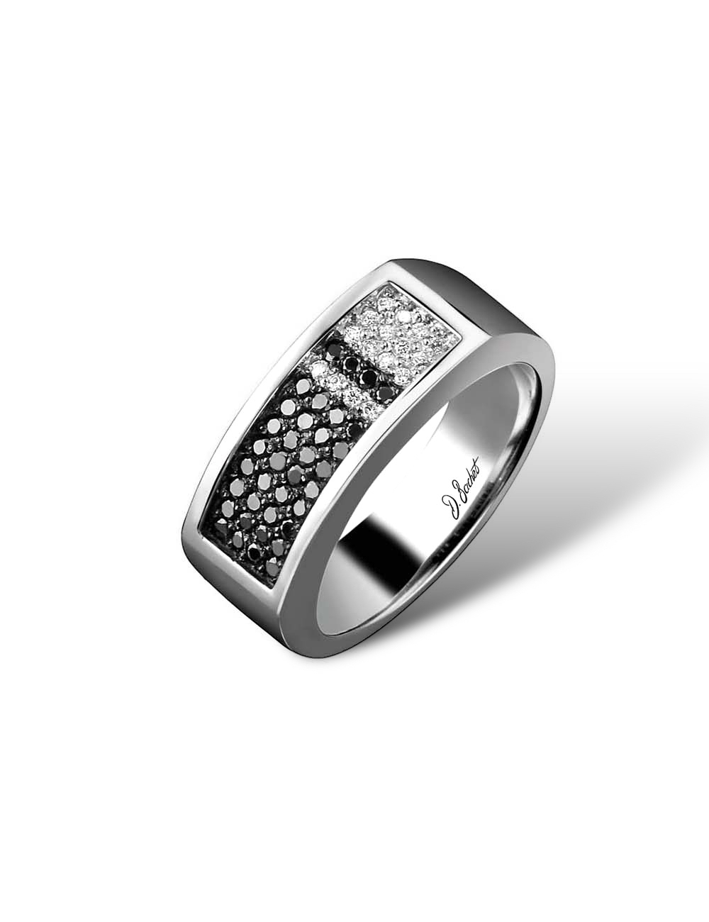 Platinum signet ring with 52 white and black diamonds, embodying strength and confidence, perfect for the audacious man.