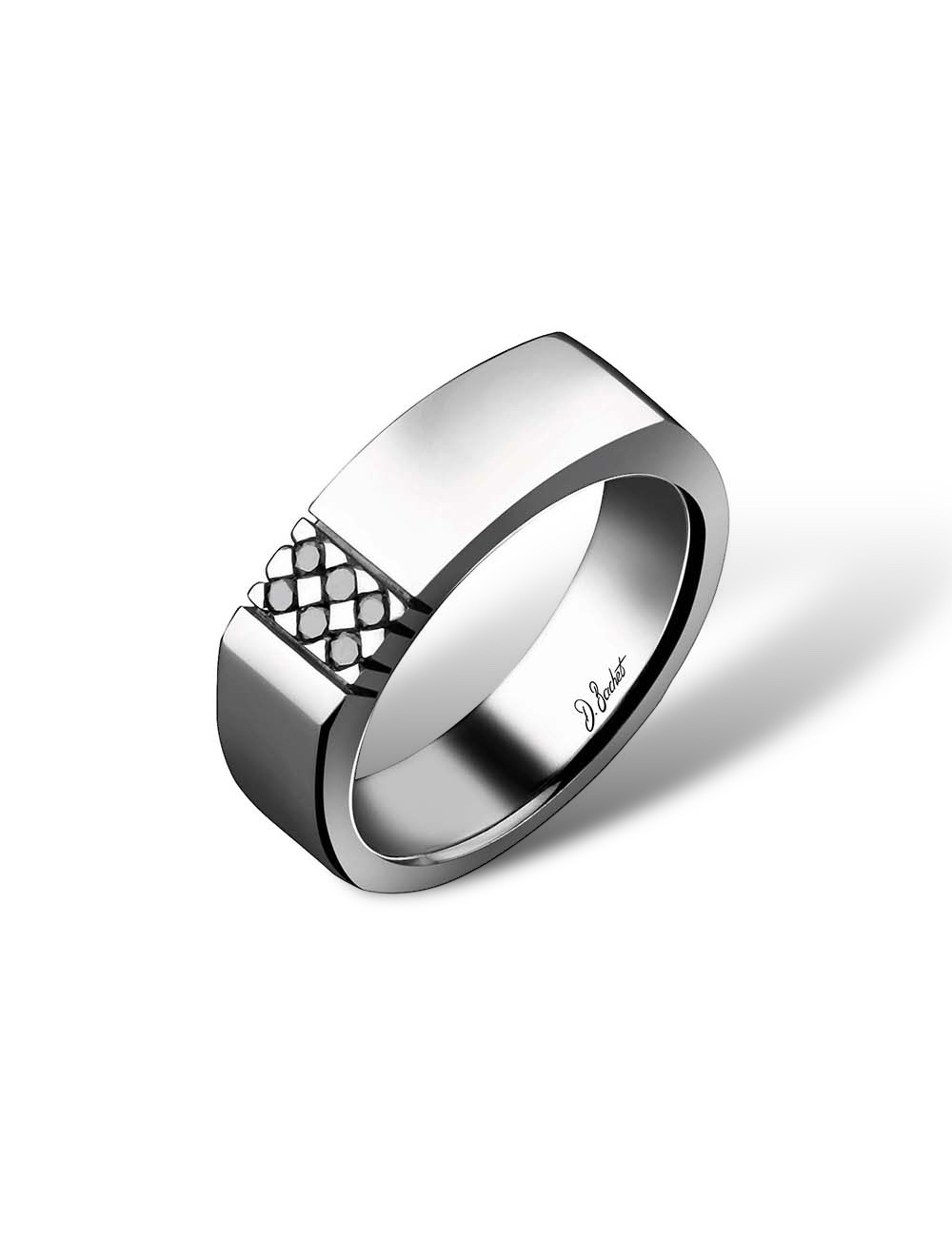 Men's signet ring in platinum with black diamonds, combining refined elegance and bold style for a distinctive look.