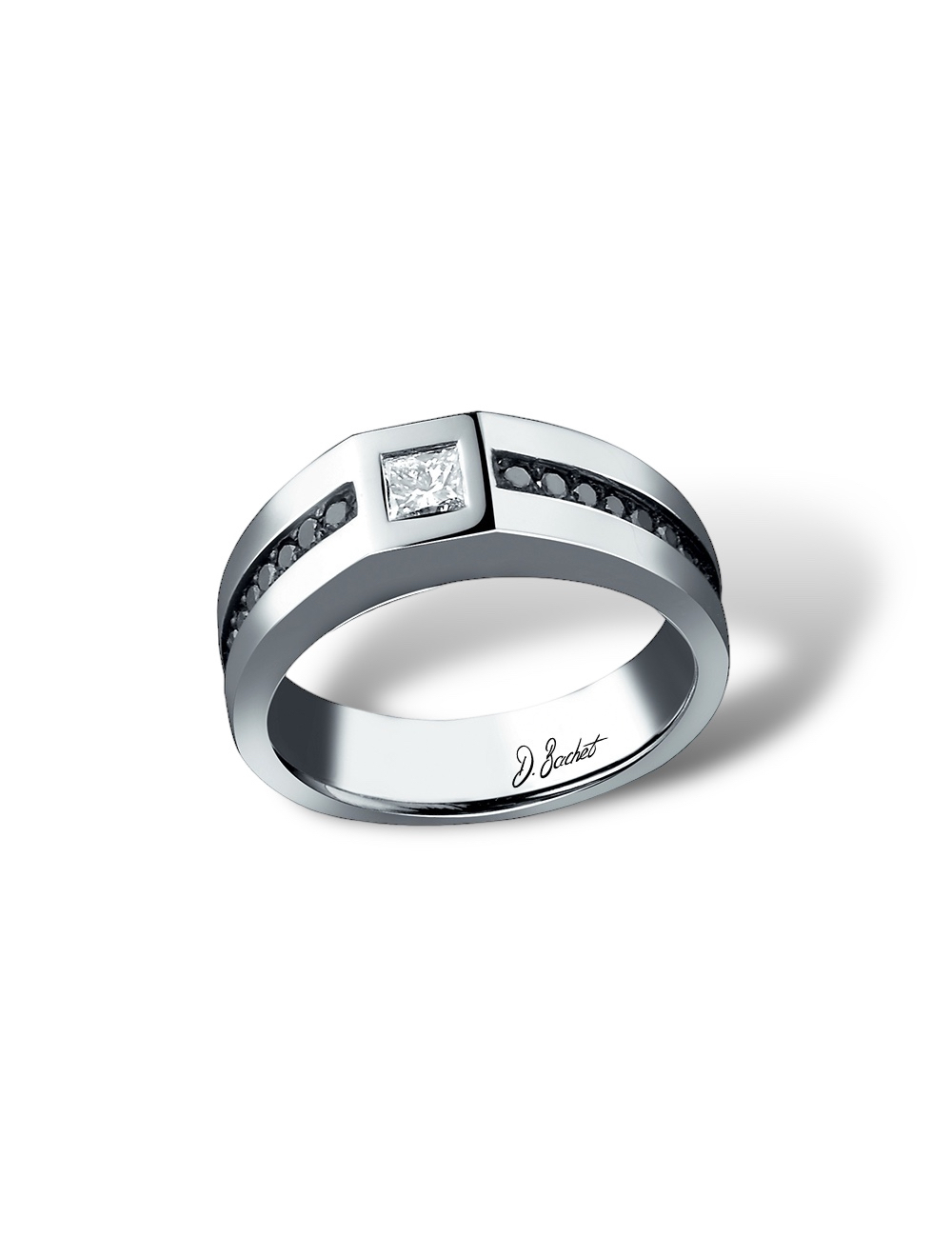 Bague homme en platine, diamant blanc et diamants noirs