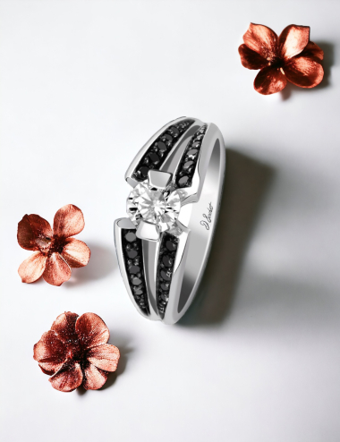 D.Bachet ring: 0.5ct white diamond, black diamonds surround, double band platinum setting.