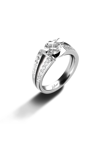 Elegant 0.50 carat white diamond solitaire ring, double platinum band paved, modern luxury and femininity.
