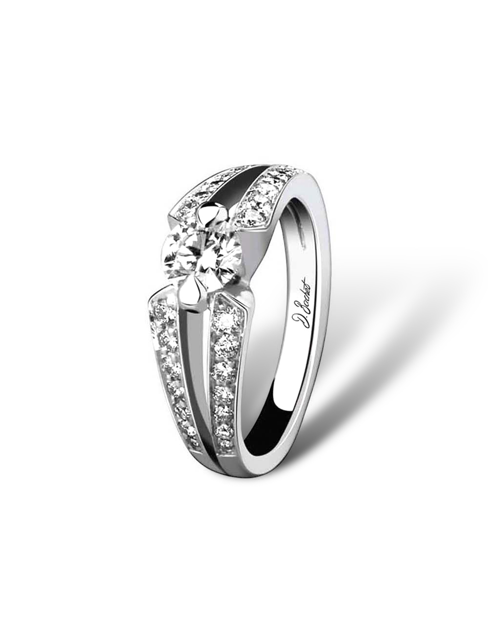 Platinum solitaire engagement ring, 0.50ct center white diamond, paved setting for timeless sparkle.