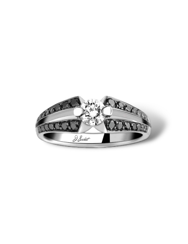 Modern 0.30ct white diamond engagement ring, platinum setting with black diamonds, bold elegance.
