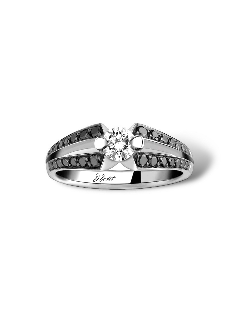 Bague fiançailles moderne 0.30ct diamant blanc, monture platine avec diamants noirs, élégance audacieuse.