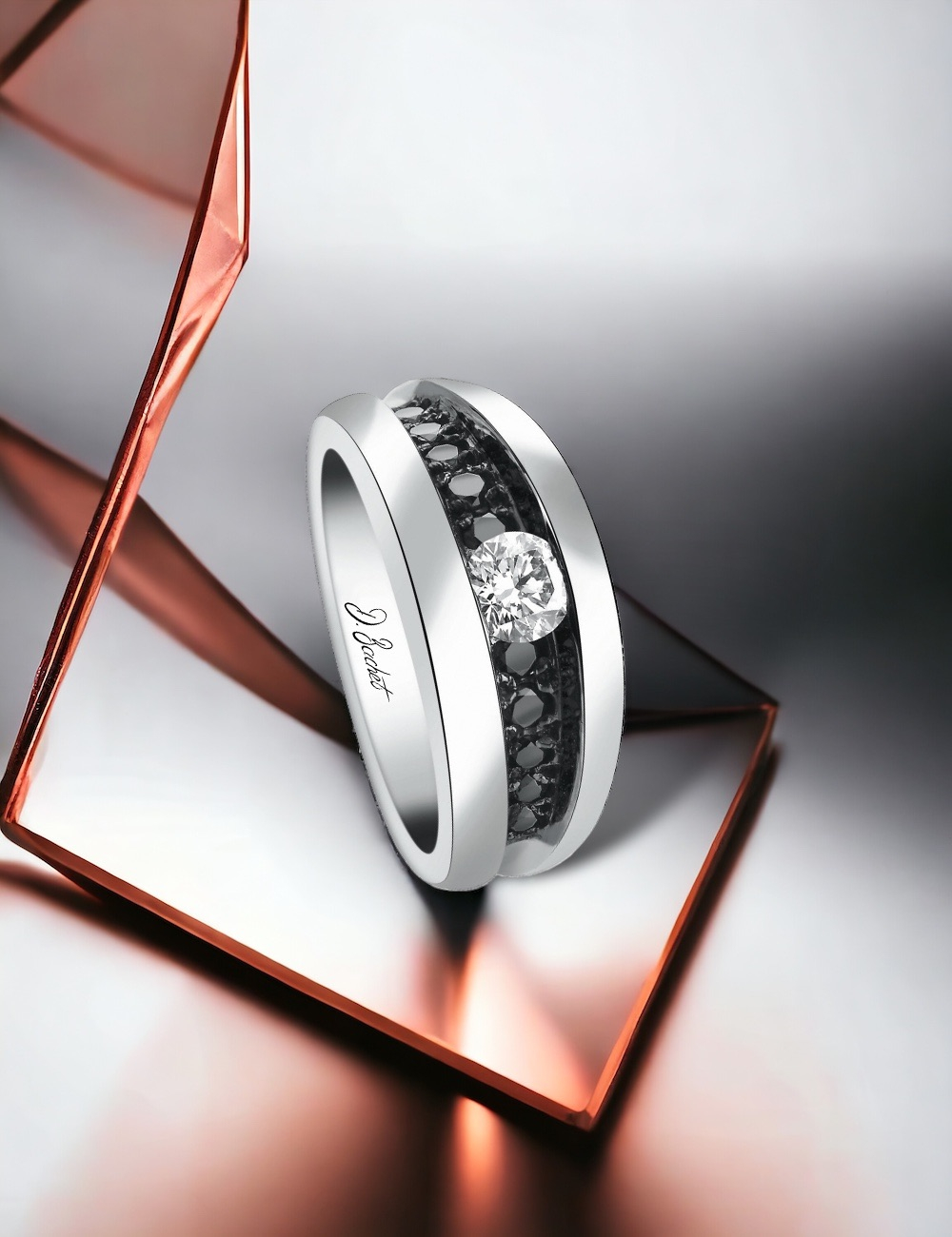 Balanced elegance: round shape, black diamonds enhance 0.30ct white diamond, contrast with platinum.