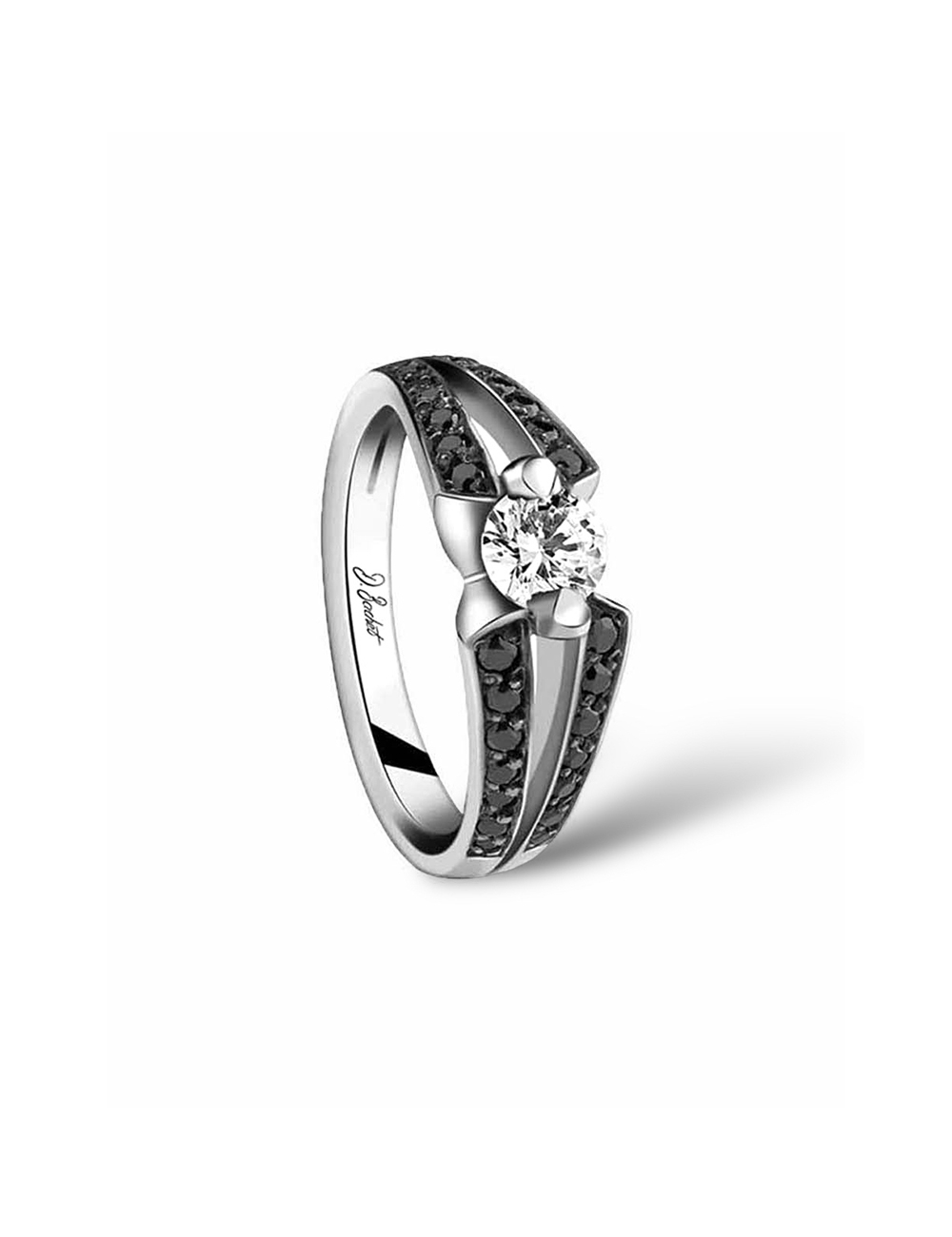 Engagement ring set with a 0.50 ct white diamond on a modern platinum band adorned with black diamonds.
