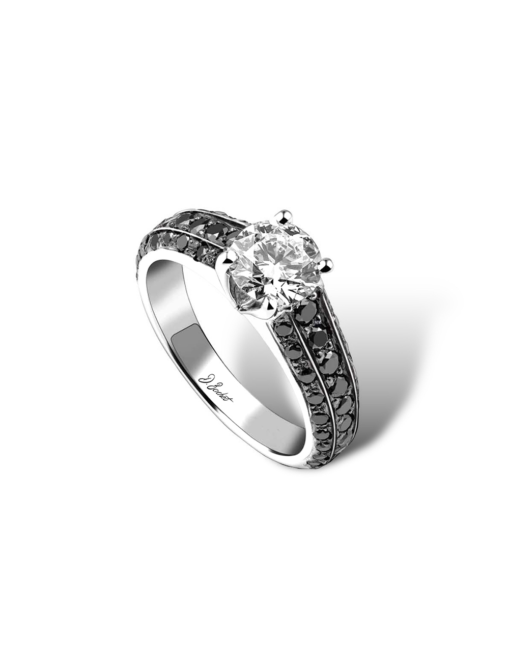 Modern platinum engagement ring with timeless architectural lines. A 0.80ct white diamond and three rows of black diamonds.