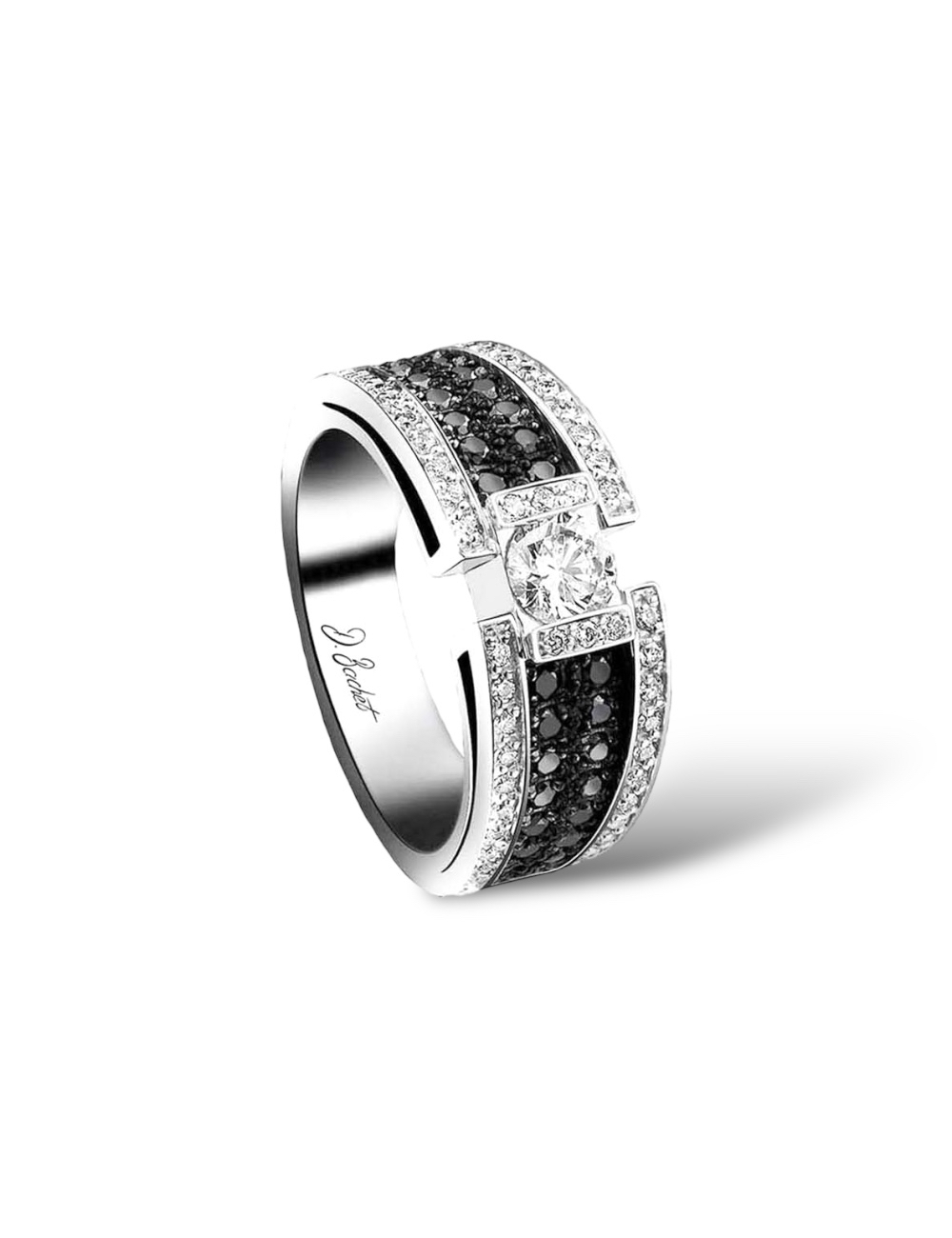 Bague luxe femme, diamant blanc 0.50ct, pavage diamants blancs/noirs, design iconique BlackLight, Maison D.Bachet.