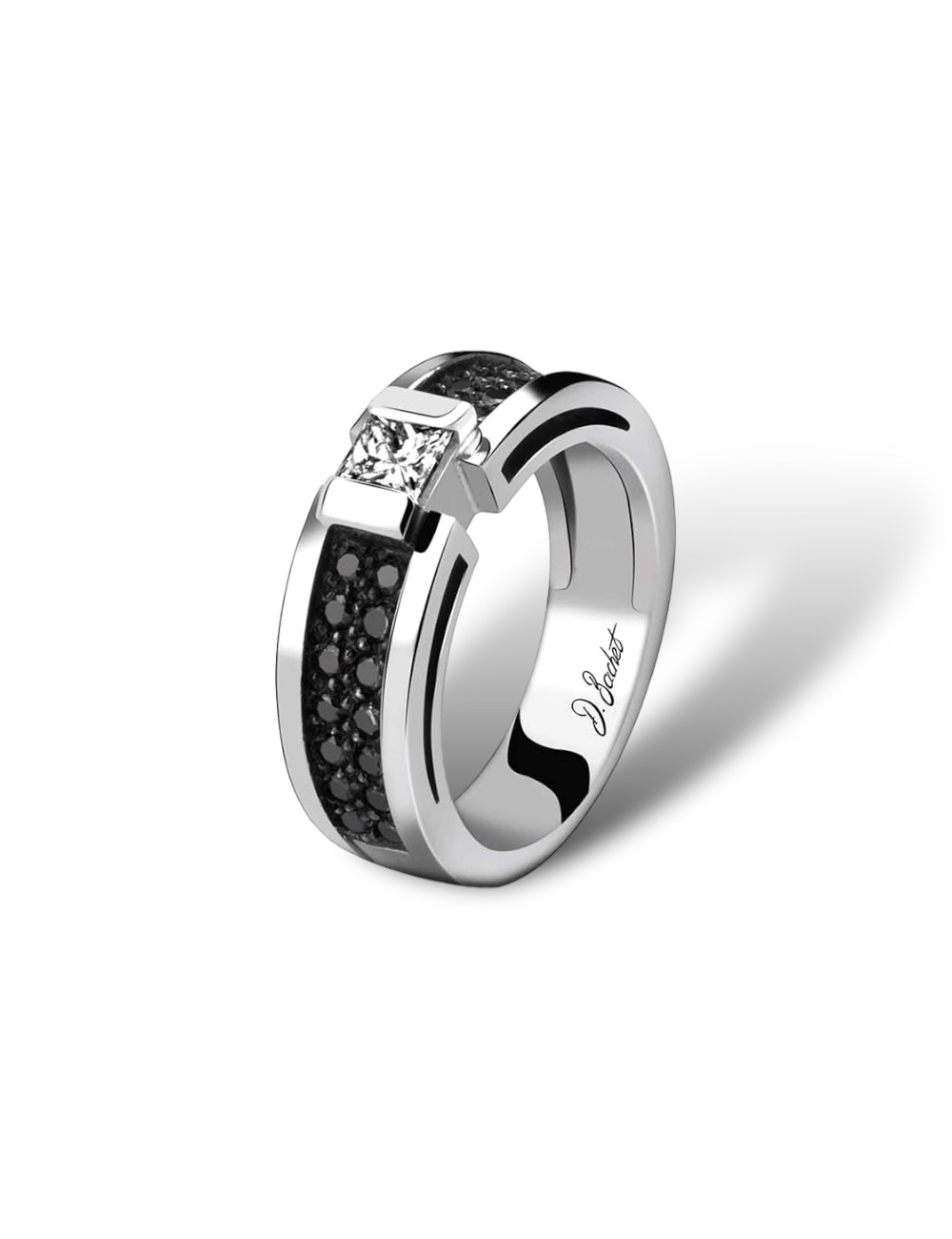 Bague Shade avec diamant taille princesse et diamants noirs sur monture platine, éclat intense.