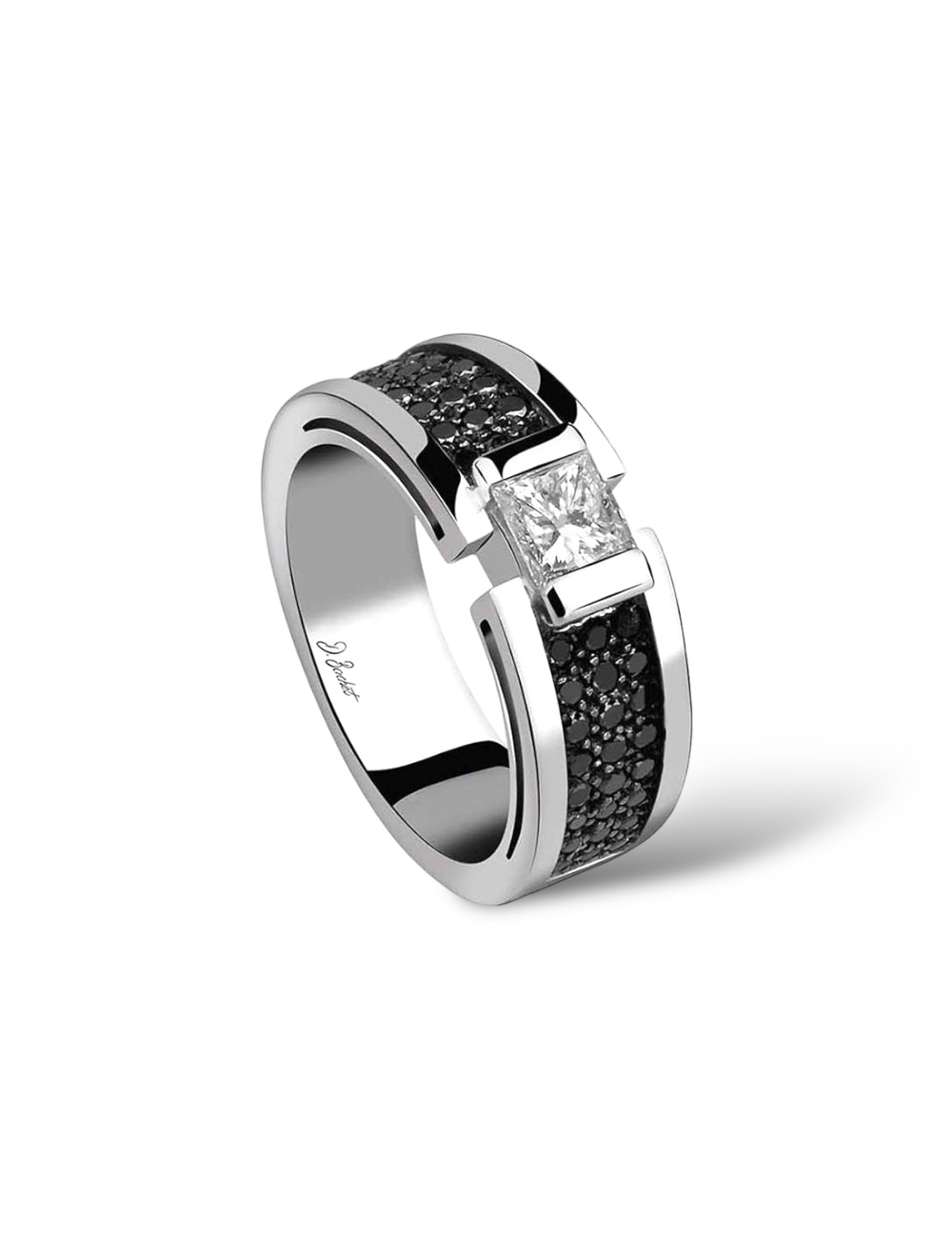 Luxury solitaire with 0.50ct princess-cut diamond, platinum, and black diamonds for modern elegance.