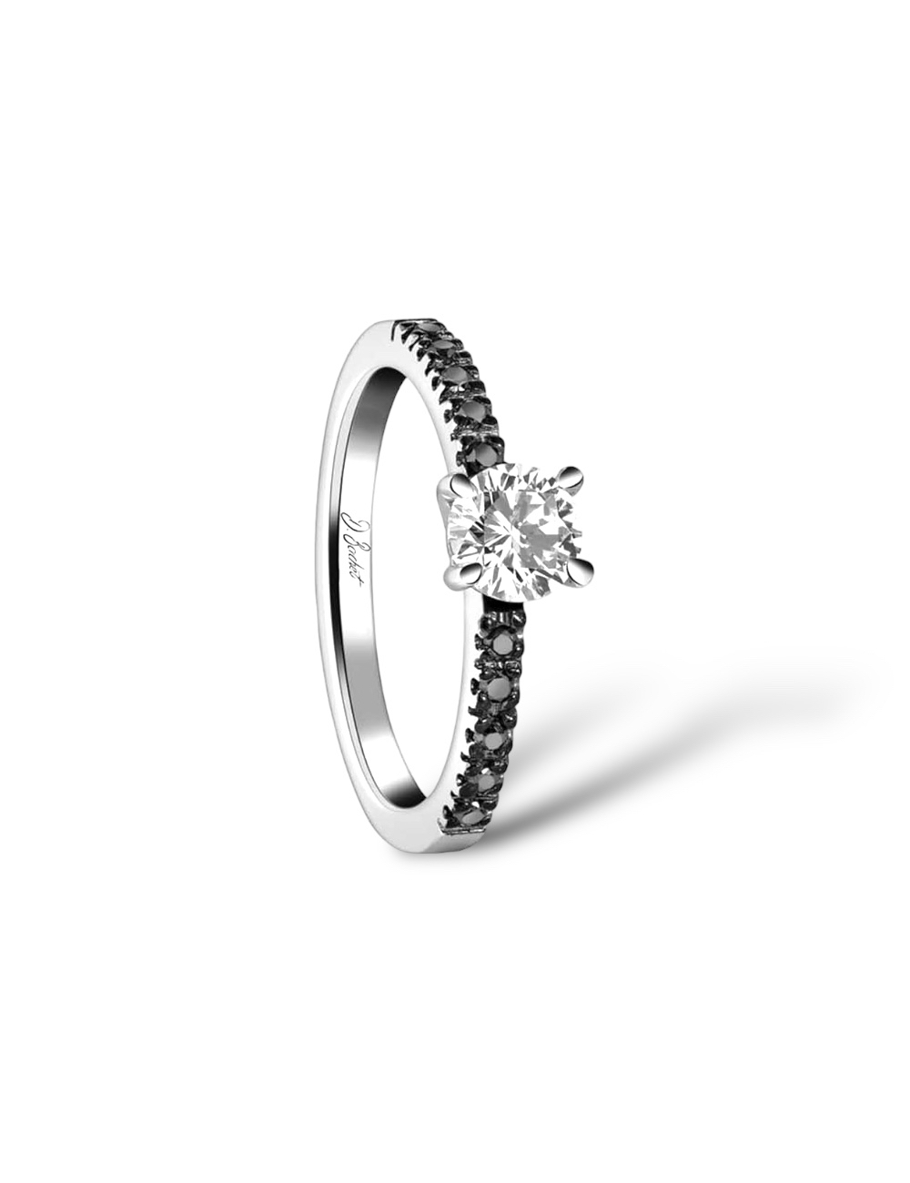 Engagement ring: platinum, central white diamond, black diamond pavé, prong setting.