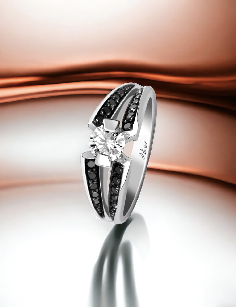 Luxury solitaire 0.50ct round-cut white diamond, platinum with black diamonds, split shank setting.