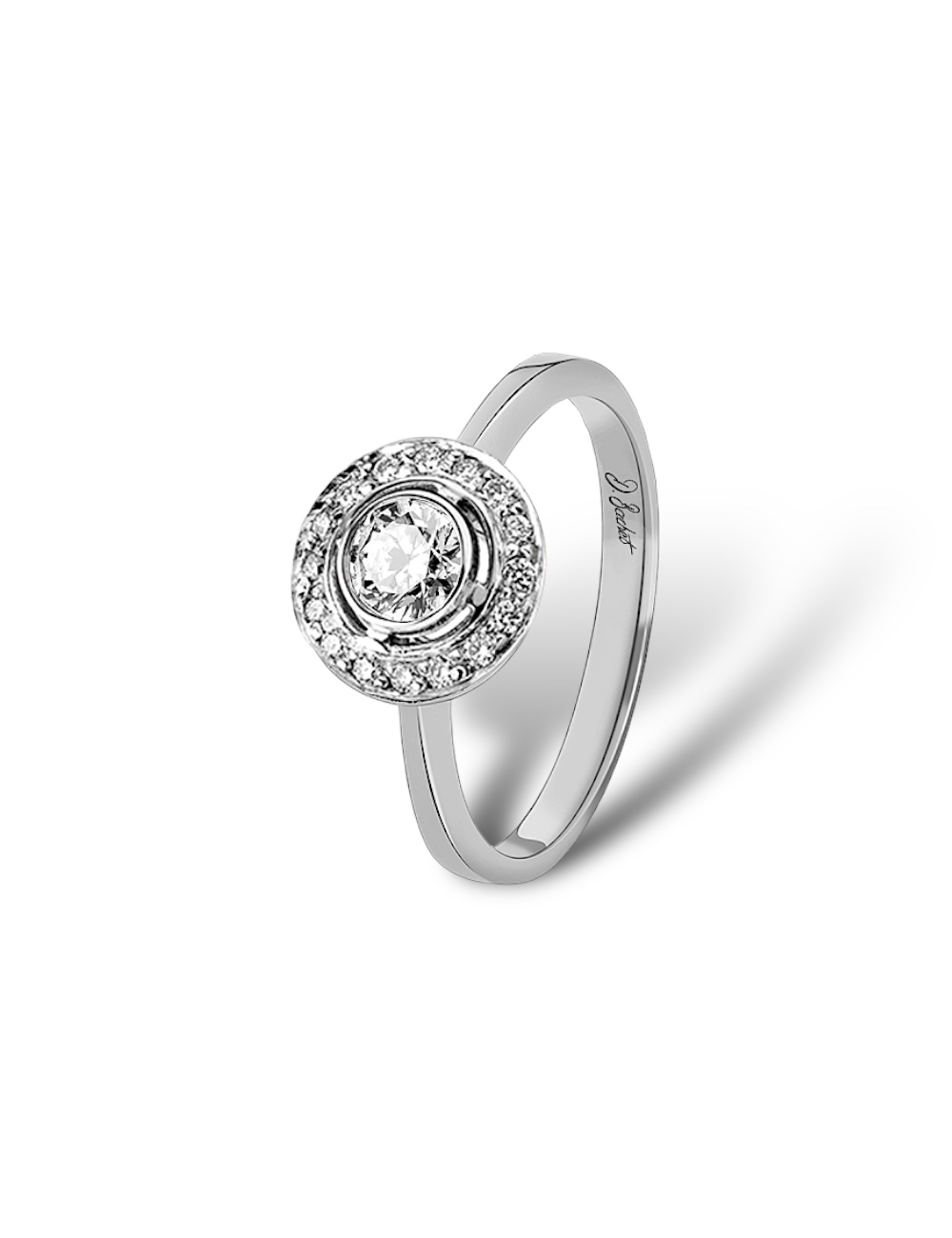 Platinum halo ring with 0.30 ct central white diamond, radiance and eternal love symbol, guaranteed elegance.
