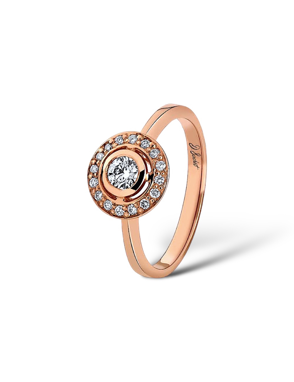 Rose gold halo ring with 0.30 ct central white diamond, symbolizing eternal love, epitome of elegance.