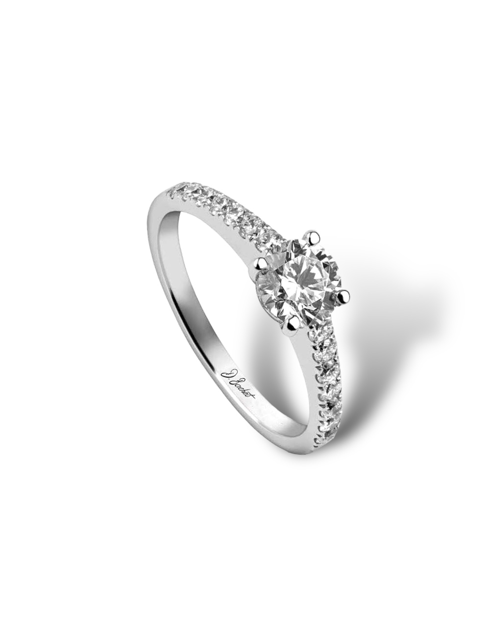 Bague de fiançailles en platine, 7 diamants blancs, diamant central 0.50 ct, moderne et intemporelle.