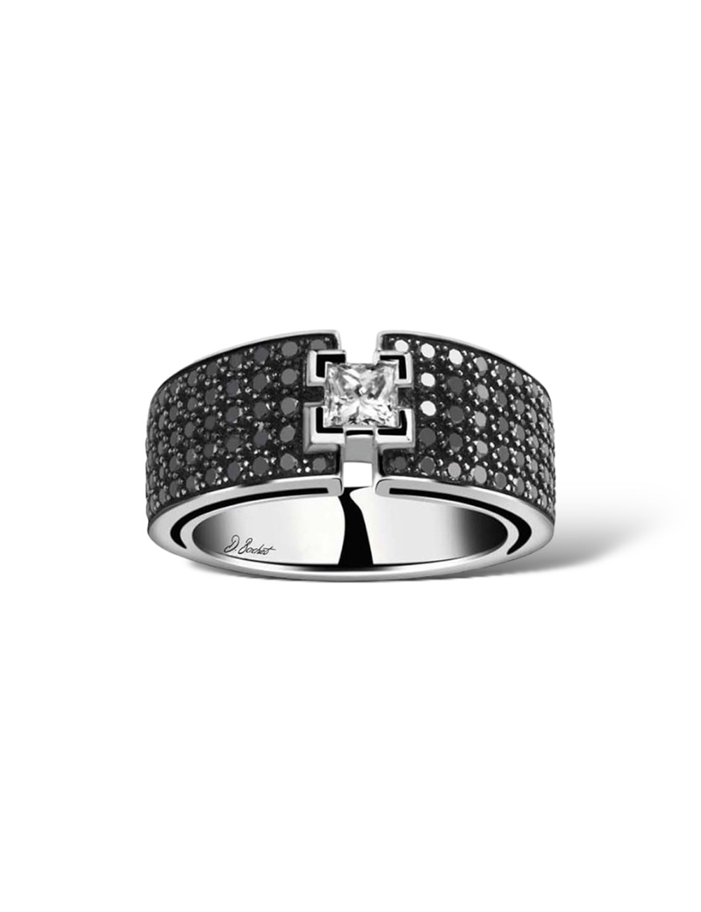 Princess cut 0.30 ct white diamond engagement ring with black diamond pavé setting.