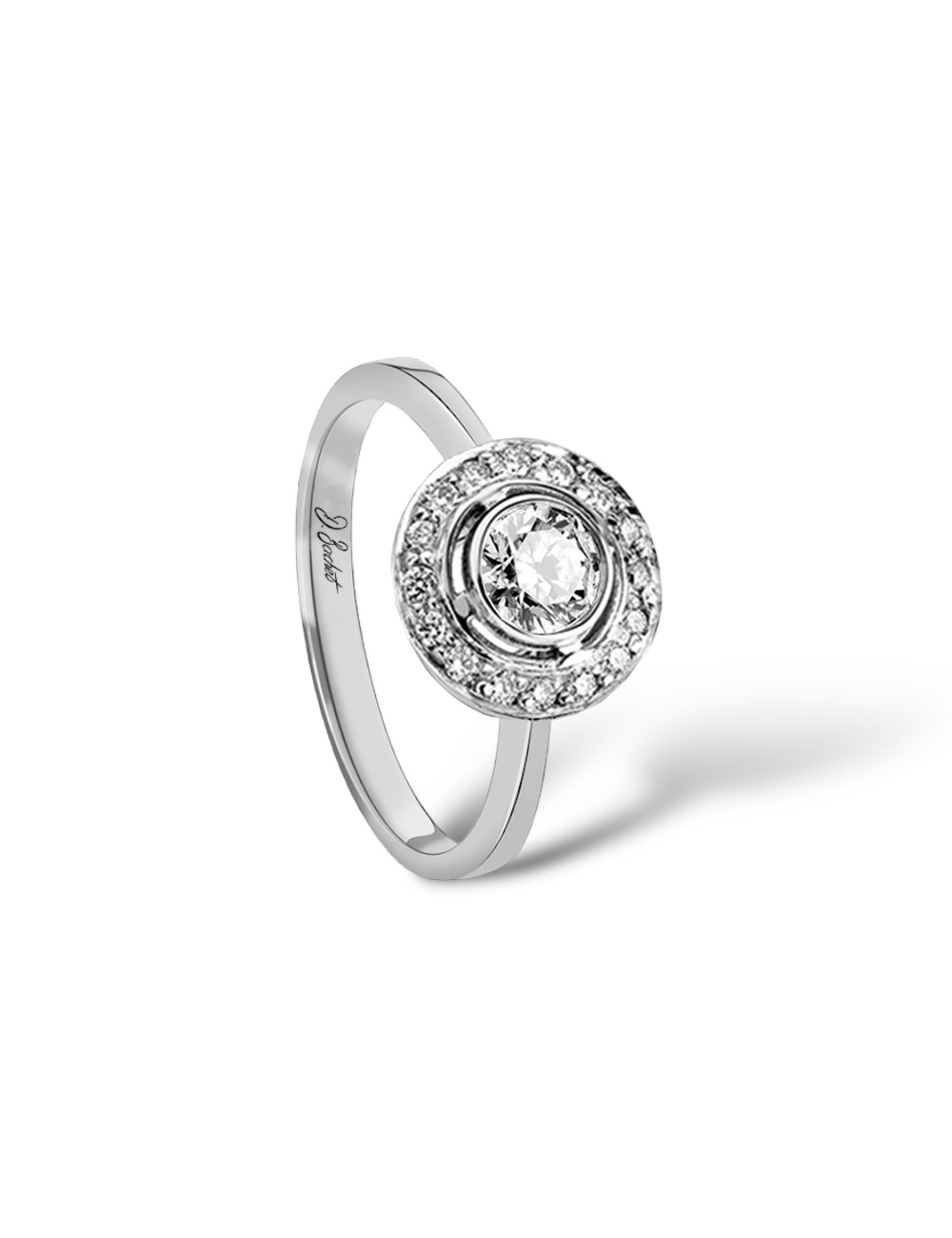 Platinum 'About the Love' engagement ring with central diamond and surrounding diamond halo.