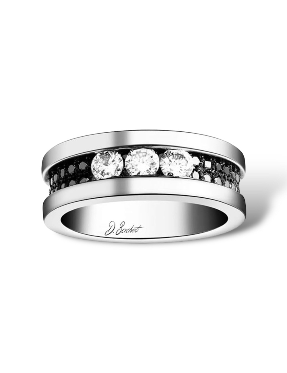 Bague Trilogy Iconic D.Bachet avec trois diamants blancs et pavage diamants noirs, symbole de vie.