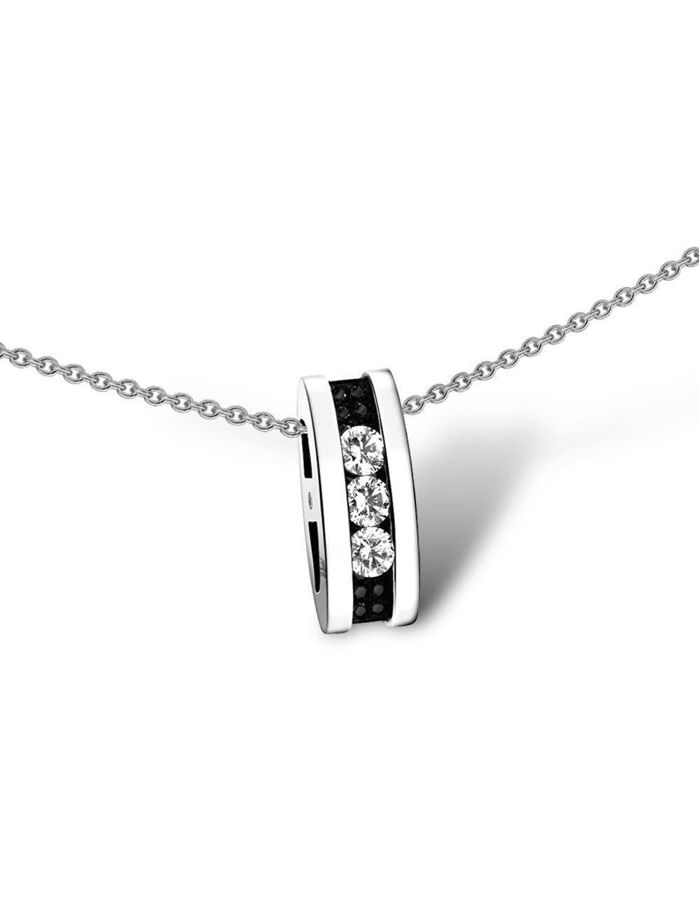 Iconic Trilogy Pendant: 0.15ct diamonds, chic white gold/black contrast, pure elegance.