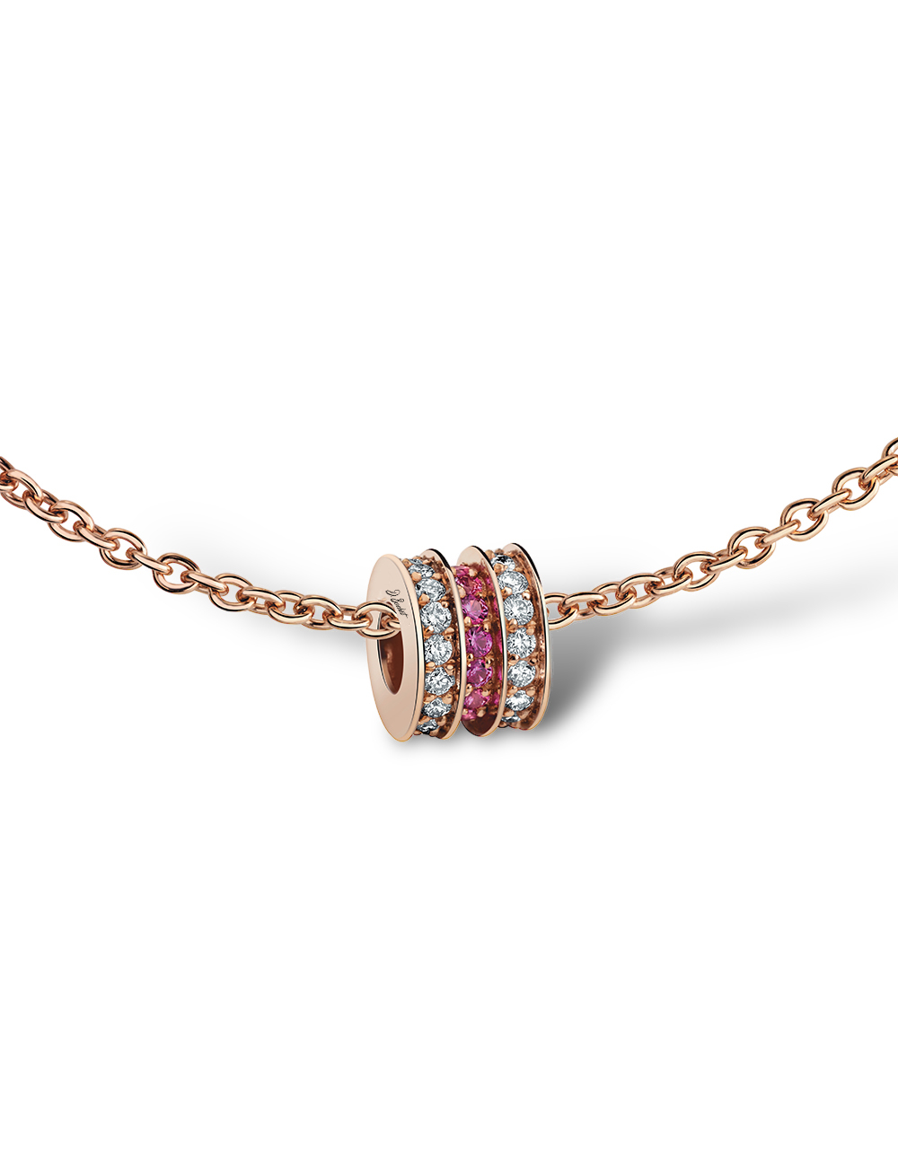 Rose gold pendant with white diamonds and pink sapphires, refined luxury.