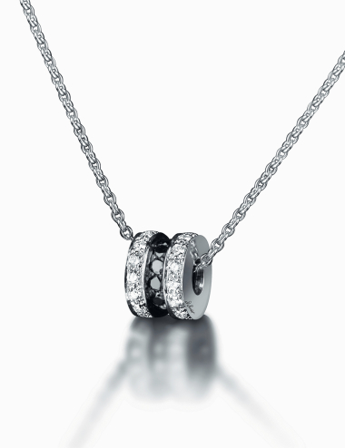 Scroll in Love white gold pendant with contrasting black & white diamonds.