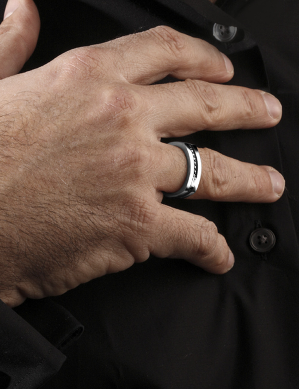 Introducing the Gentleman Men's Platinum Signet Ring adorned with black diamonds and a 0.15-carat baguette-cut white diamond.