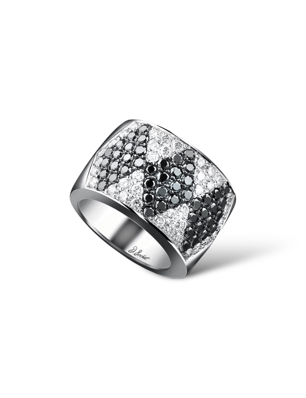 Bague Pavée de Diamants Noirs et Blancs en Platine - Symbole d'Élégance et de Contrastes Puissants.