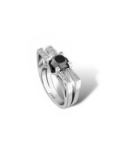 Platinum ring with a black diamond surrounded by white diamonds, echoing New York's architectural boldness.