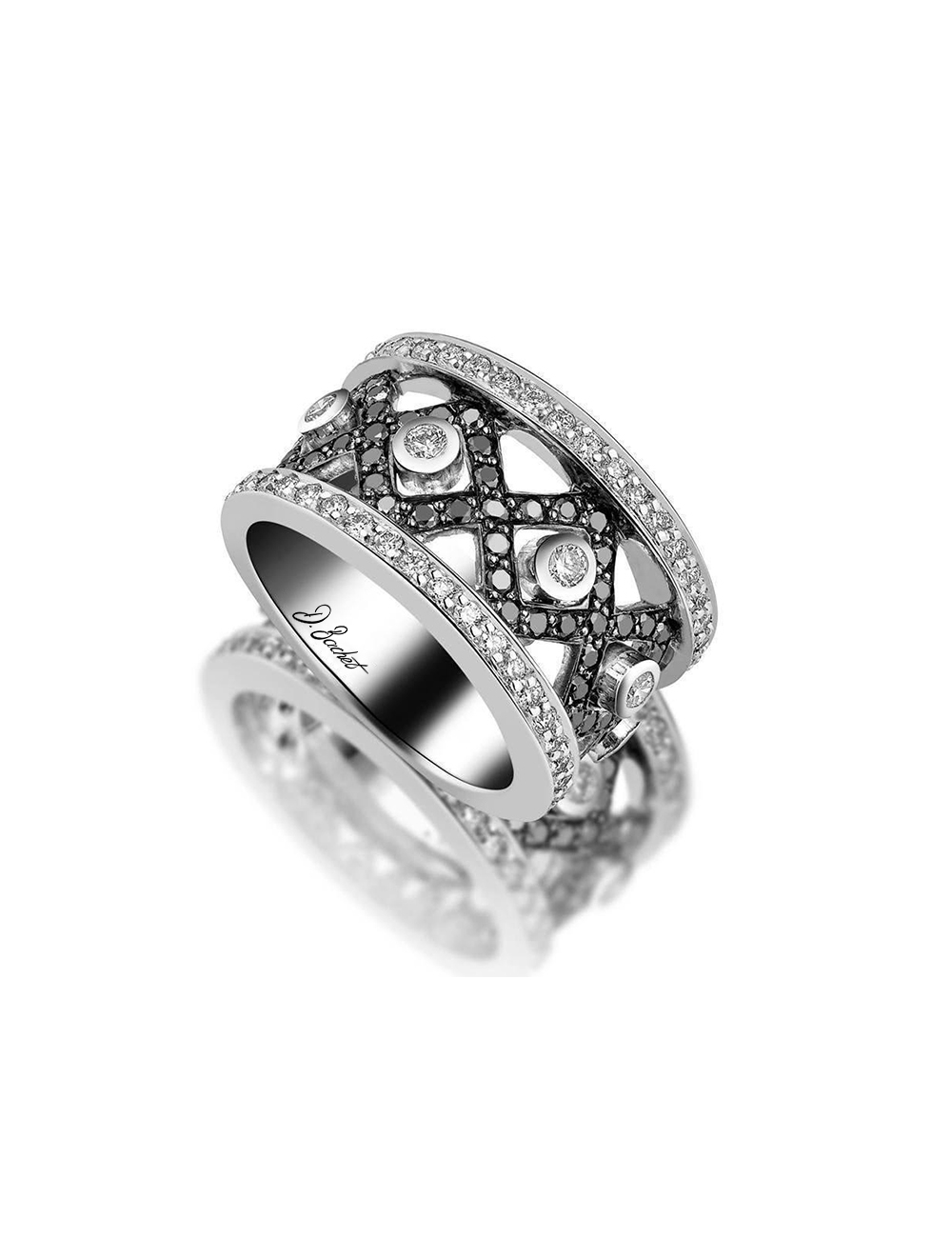 Elegant platinum ring with black and white diamonds, symbolizing innovation and modern elegance.