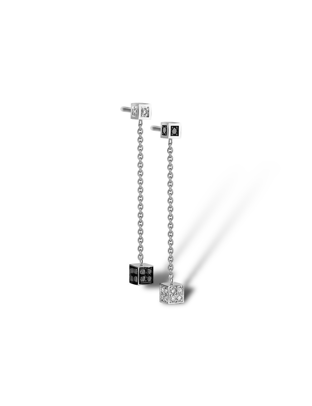 D.Bachet's BlackLight Cube earrings in white gold with white and black diamonds.