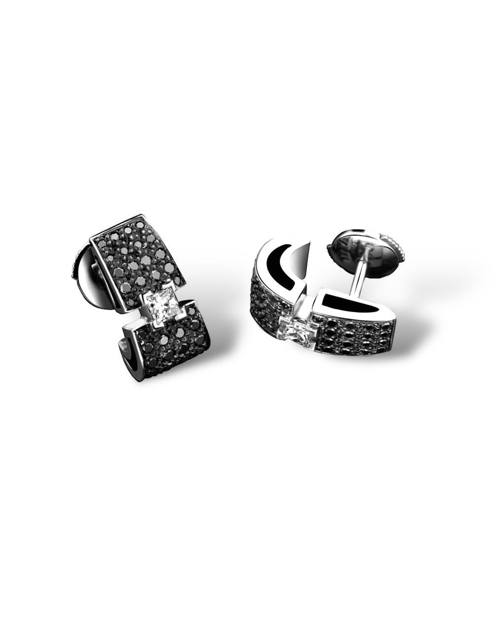 Modern elegance with white gold earrings and white and black diamonds.