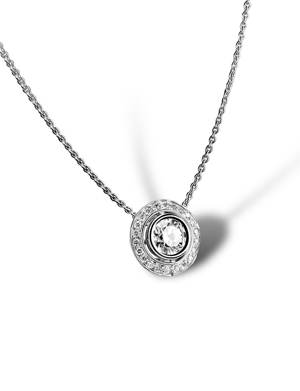 Luxury 0.40ct white diamond necklace, radiant halo, ethical. Timeless elegance and refinement.