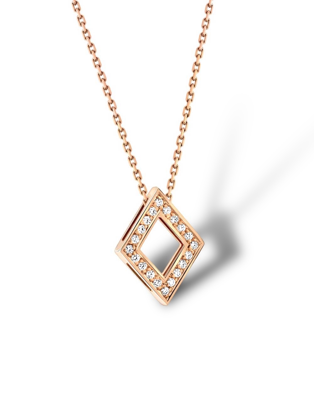 Looking for a jewelry gift? This necklace is in white gold and set with white diamonds in a lozenge shape.
