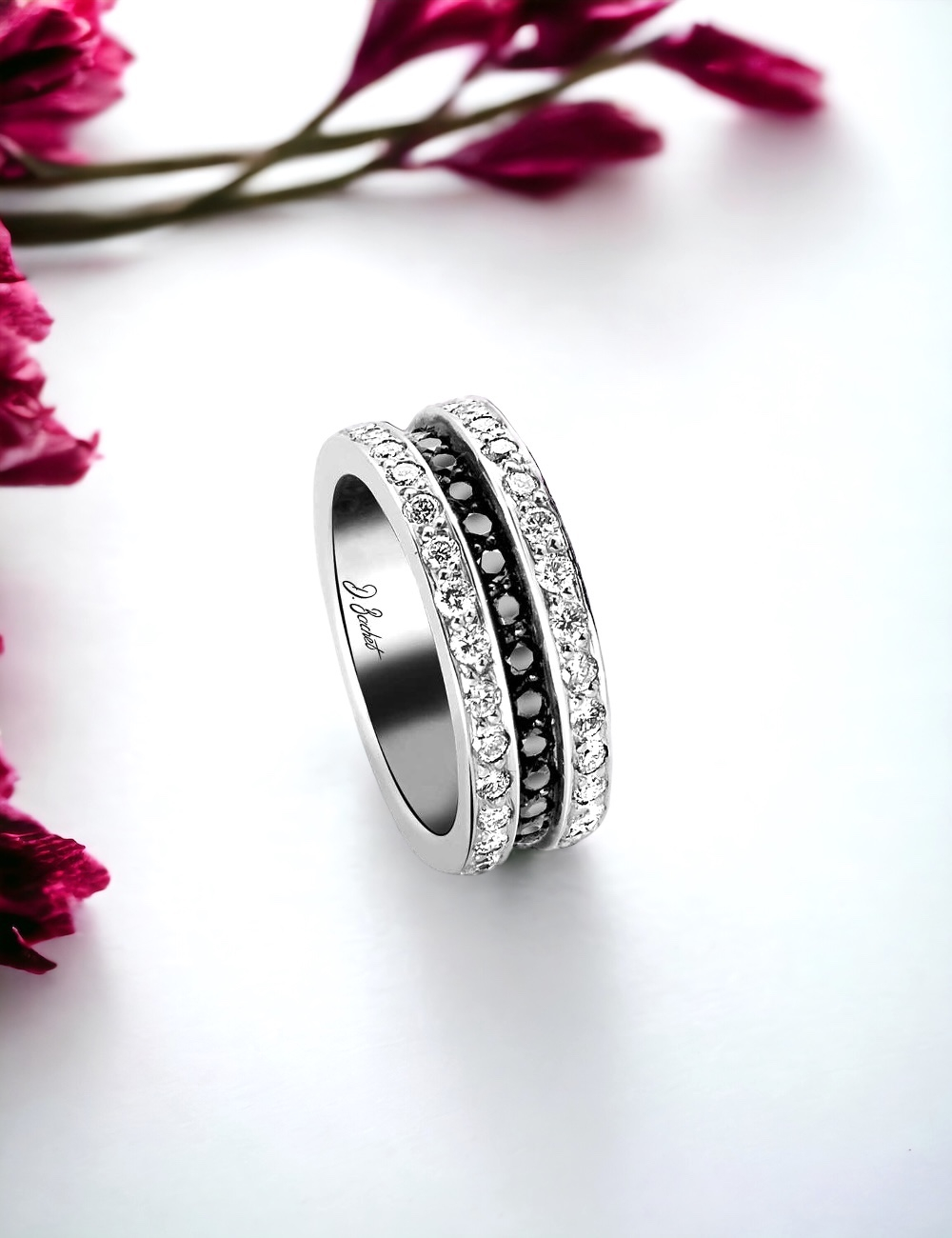 Scroll in Love platinum wedding band, 6mm, white and black diamonds, French craftsmanship by D.Bachet.