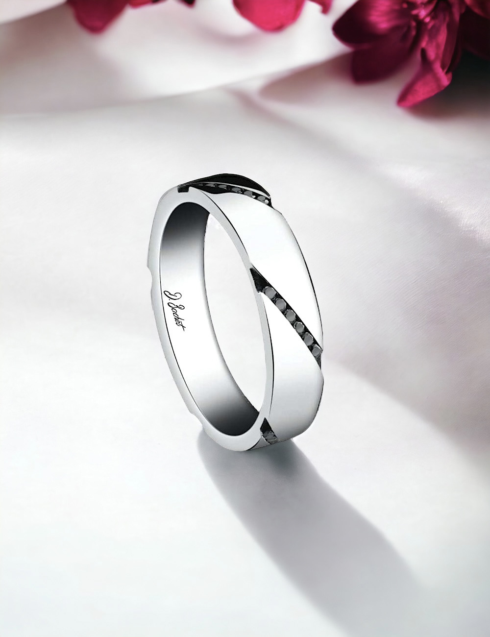 D.Bachet men's band, diagonal black diamonds, custom-made, French craftsmanship, modern boldness.