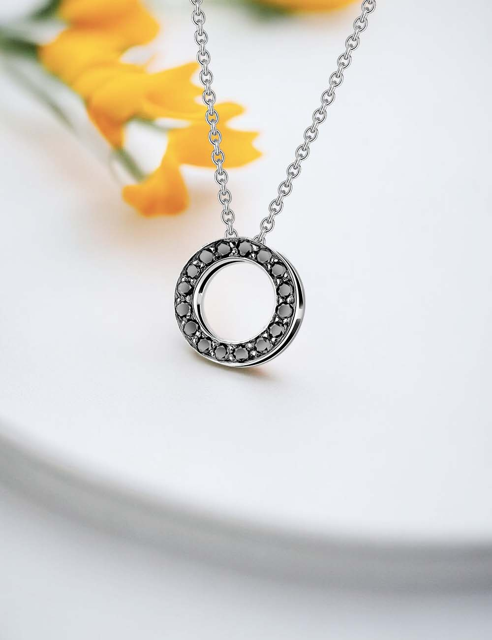 Women's Circle Necklace, a gift for yourself or others, modern and unique, in 750 white gold and black diamonds.