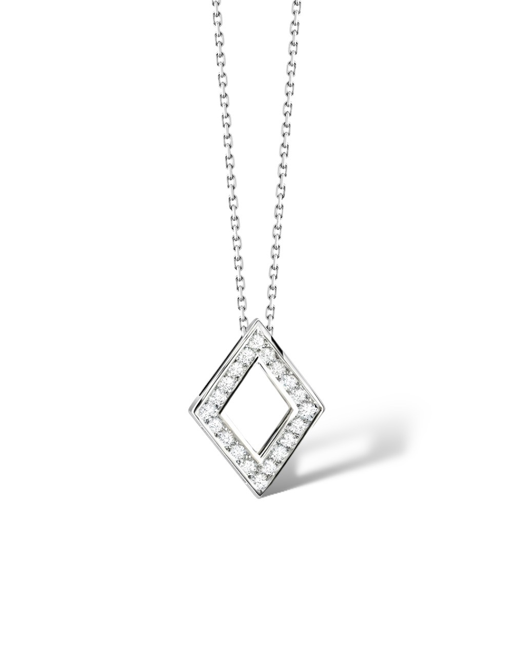 Le cadeau idéal, un collier femme luxe en or blanc et diamants blancs en forme de losange.