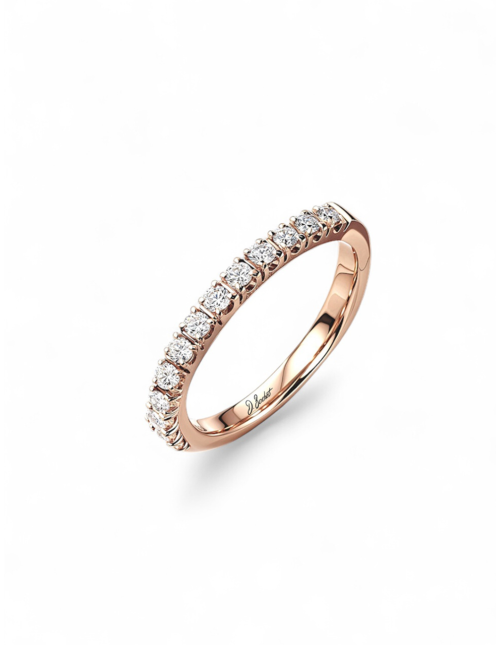 Rose gold wedding band for women with soft finish and modern prong-set design. Rose gold wedding band for women with soft finish and modern prong-set design.