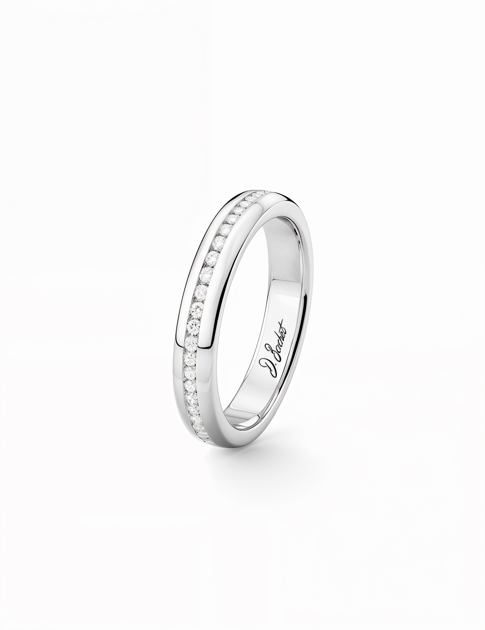 Platinum women’s wedding band, rounded, set with white diamonds, elegant jewel for wedding or engagement. Platinum women’s wedding band, rounded, set with white diamonds, elegant jewel for wedding or engagement.