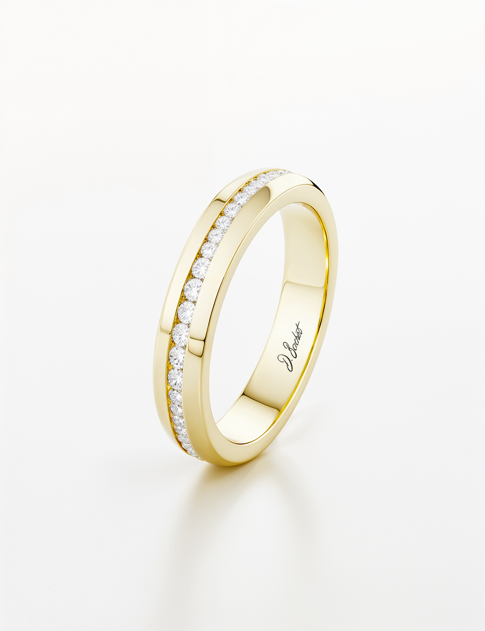 Yellow gold women’s band, natural white diamonds all around, elegant and precious wedding ring. Yellow gold women’s band, natural white diamonds all around, elegant and precious wedding ring.