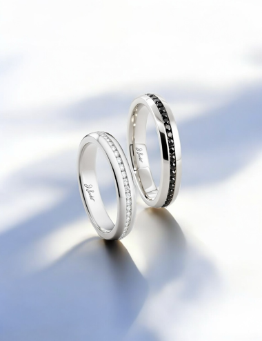 Unisex duo wedding bands platinum jonc, white and black diamonds, luxury jewellery modern design.