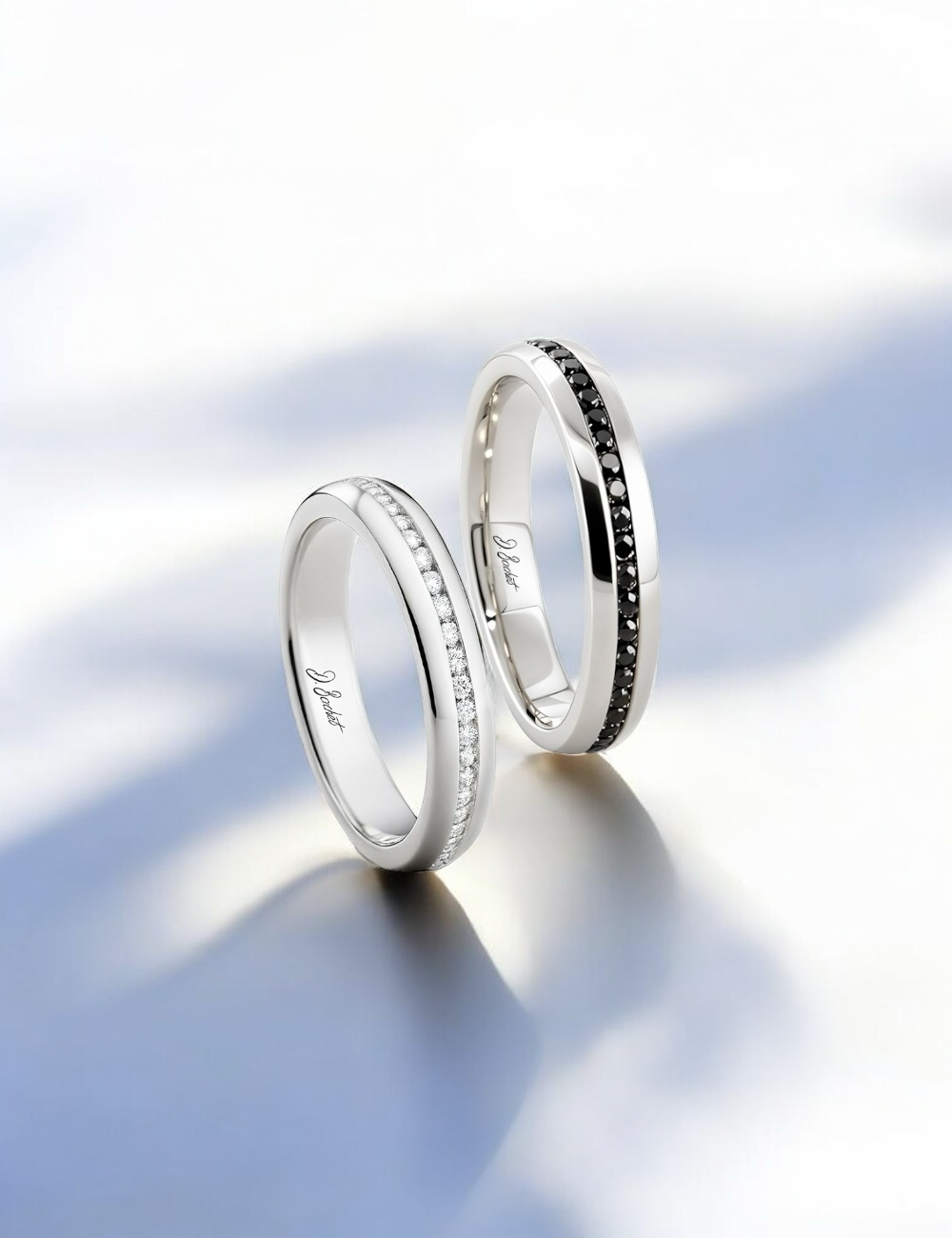 Unisex duo wedding bands platinum jonc, white and black diamonds, luxury jewellery modern design.