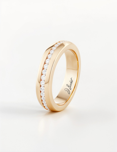Rose gold wedding ring with white diamonds, soft rounded shape, crafted by D.Bachet.