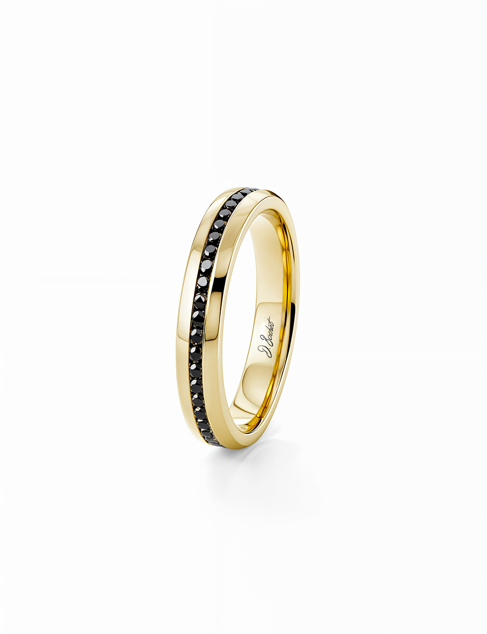 Alliance homme fine en or jaune et diamants noirs, style lumineux et équilibré. Alliance homme fine en or jaune et diamants noirs, style lumineux et équilibré.