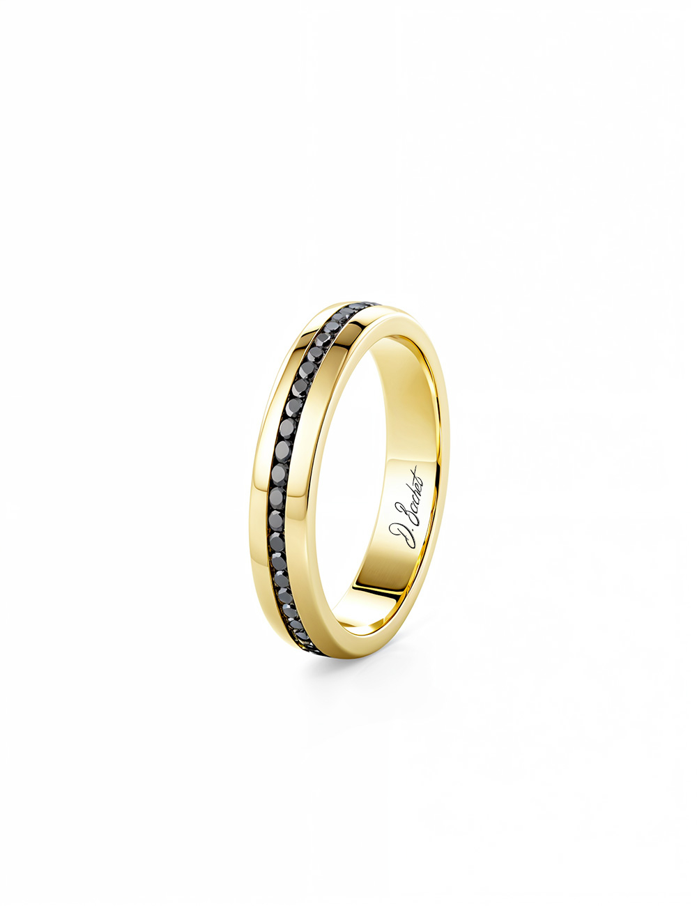 Alliance jonc homme en or jaune et diamants noirs, éclat chaud et style contemporain.