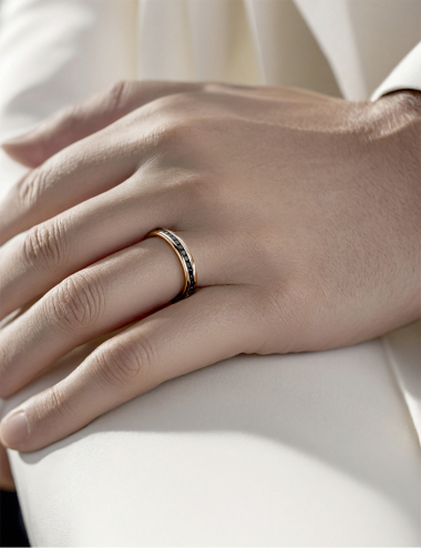 Rose gold jonc ring for men worn, black diamonds and bold graphic look.