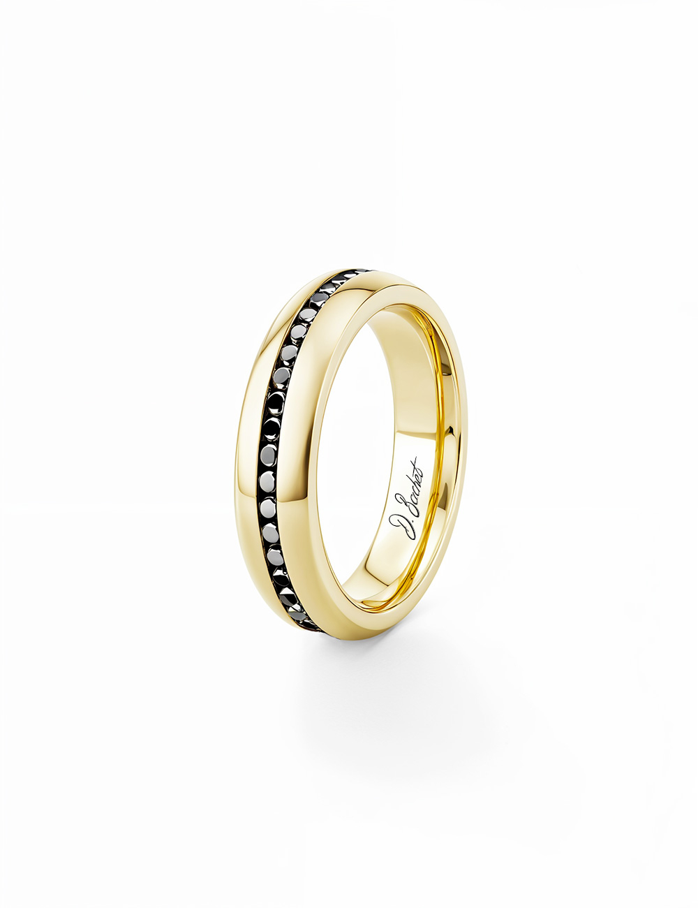 Anneau de mariage homme moderne en or jaune et serti de diamants noirs en tour complet
